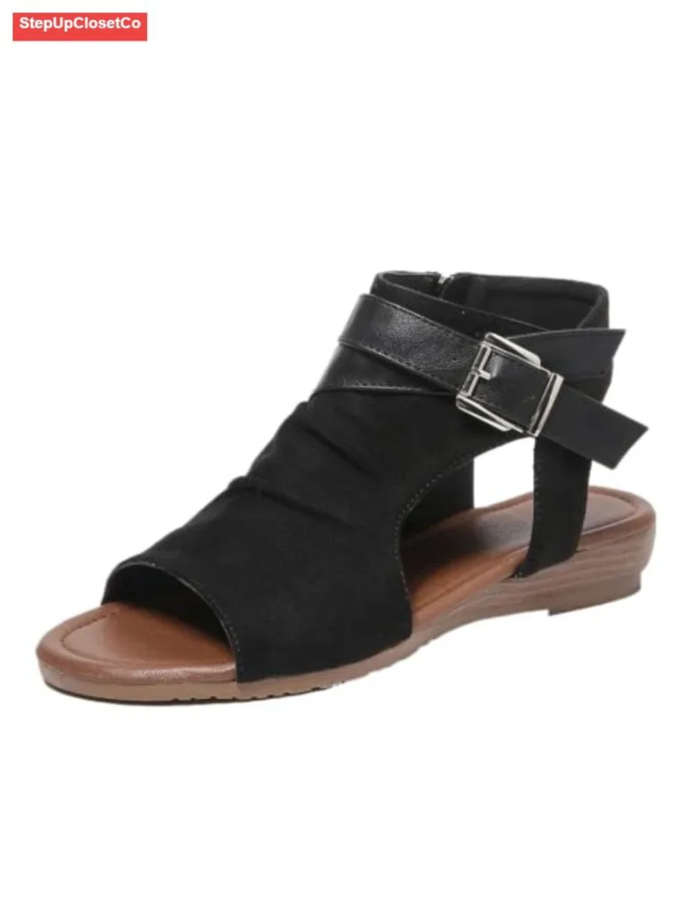 Wedge Ruched Ankle Bootie Sandals Side Zipper Peep Toe Suede Backless Cutout
